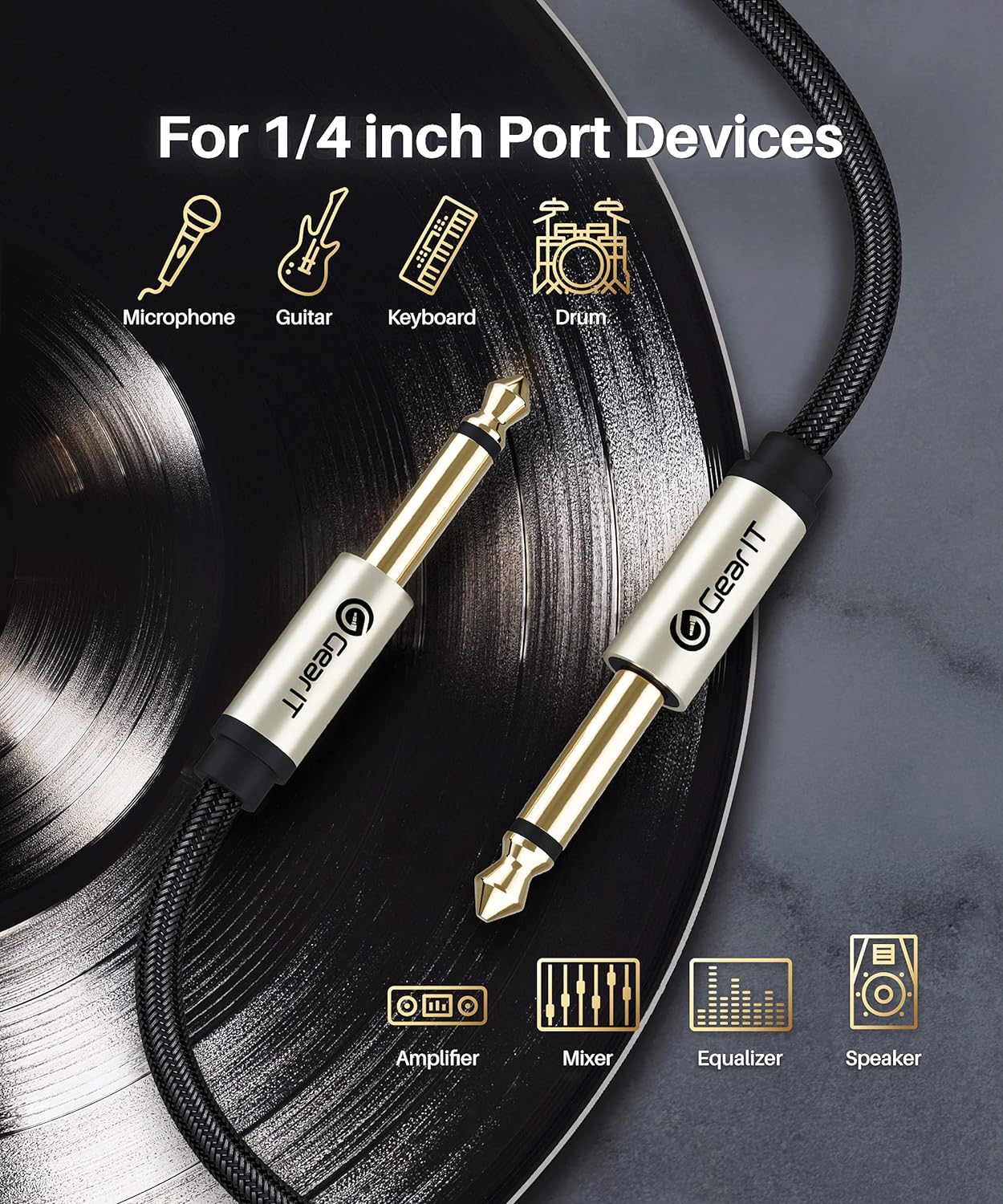 GearIT Guitar Instrument Cable (25ft) 1/4 Inch to 1/4 inch TS Straight Male to Male 6.35mm Mono Jack with Alloy Connector and Nylon Braid-4