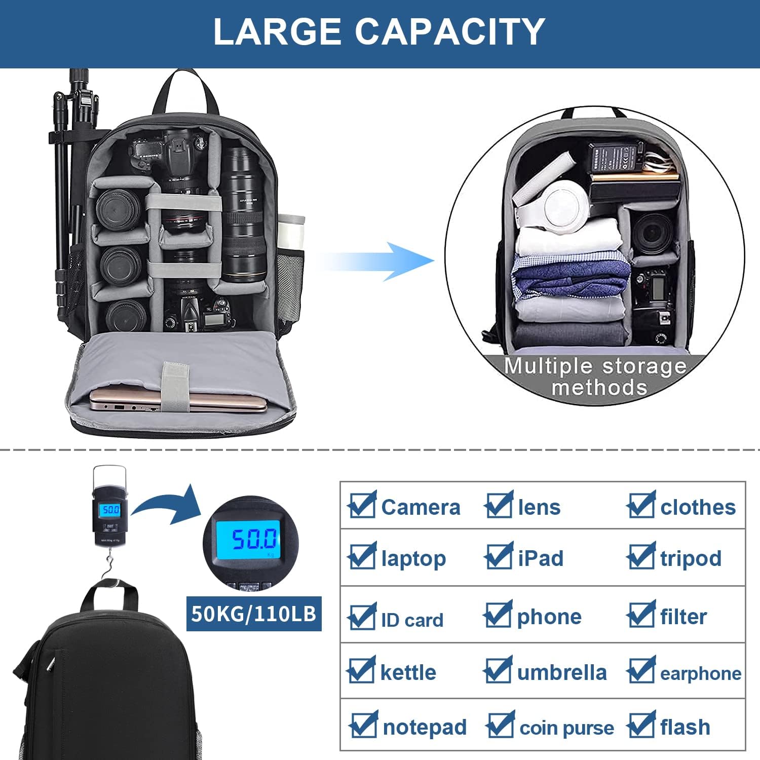 Cwatcun Waterproof Camera Backpack for DSLR, Mirrorless - Compatible with Sony, Canon, Nikon Camera and Lens Accessories-3