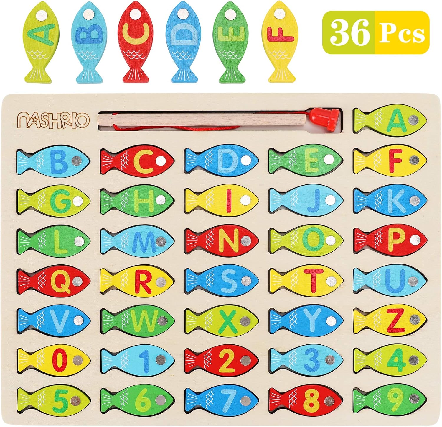 Magnetic Wooden Fishing Game Toy for Toddlers, Alphabet Fish Catching Counting Games Puzzle with Numbers and Letters, Preschool Learning ABC Math Educational Toys 3 4 5 Years Old Girl Boy Kids-7