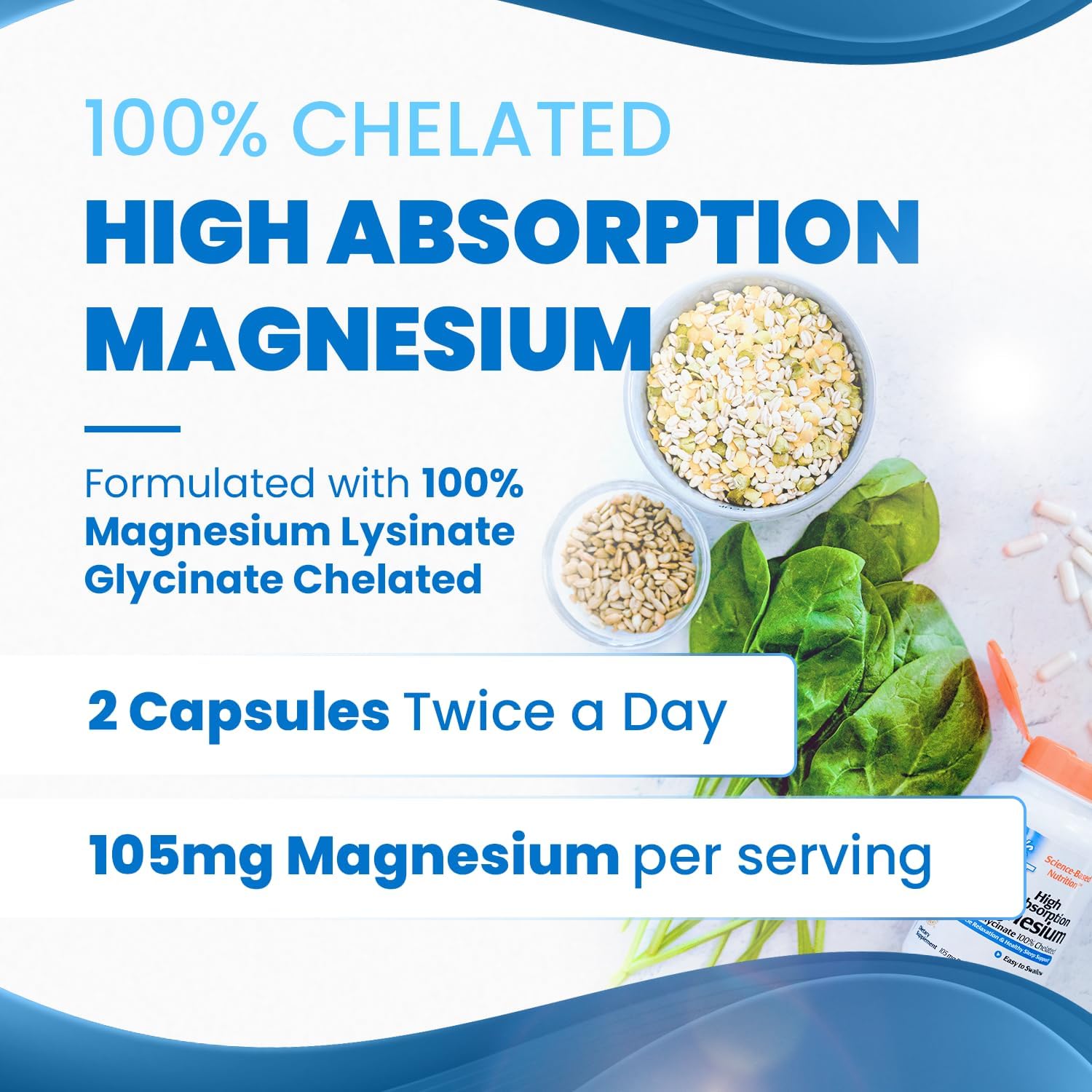 Doctor's Best High Absorption Magnesium Lysinate Glycinate Capsule, Easy to Swallow, 120 Ct-1