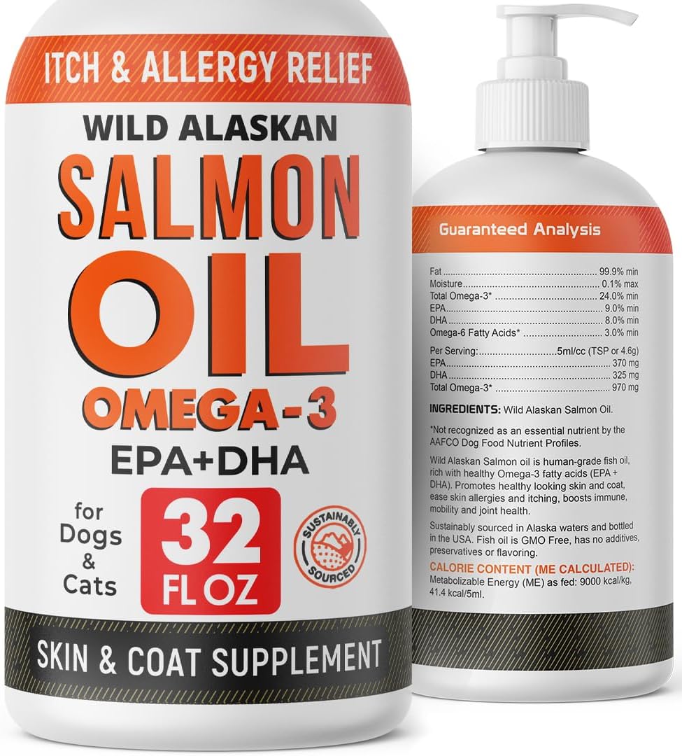 StrellaLab 32 OZ Salmon Oil for Dogs - Omega 3 Fish Oil for Dogs & Cats, Itch & Allergy Relief, Wild Alaskan Salmon Oil Dogs Skin & Coat, Dog Fish Oil Liquid, Shedding Supplement EPA & DHA Fatty Acids-0