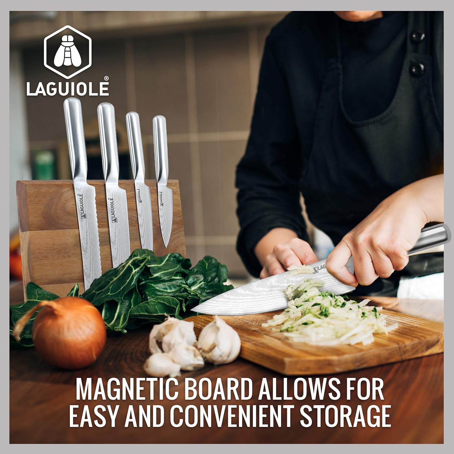 Laguiole 5-Piece Professional Chef's Knife Set with Magnetic Wood Board Holder for Kitchen-2