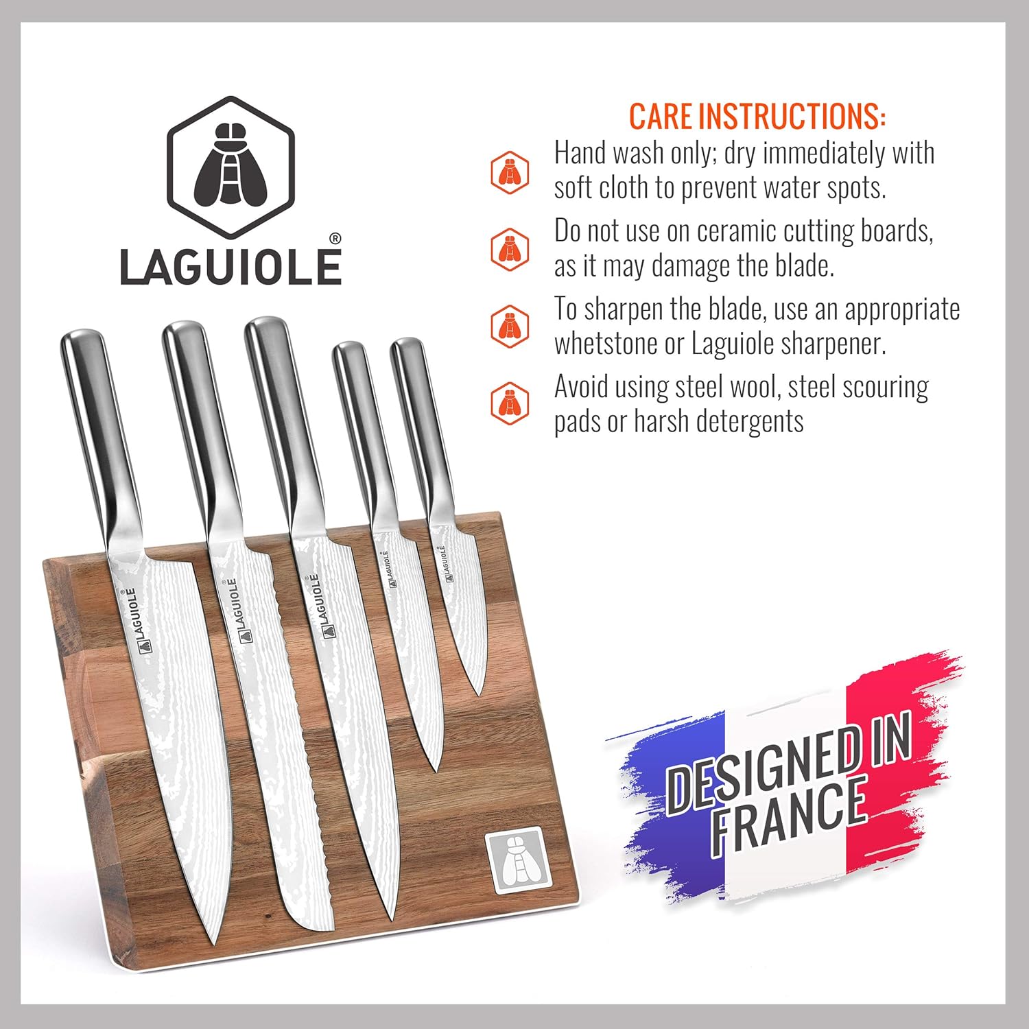 Laguiole 5-Piece Professional Chef's Knife Set with Magnetic Wood Board Holder for Kitchen-4