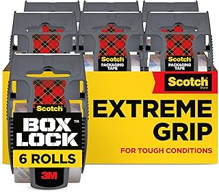 Scotch Box Lock Packing Tape, Clear, Extreme Grip Moving Tape, 1.88 in. x 22.2 yd., 6 Packaging Tape Rolls with Dispensers