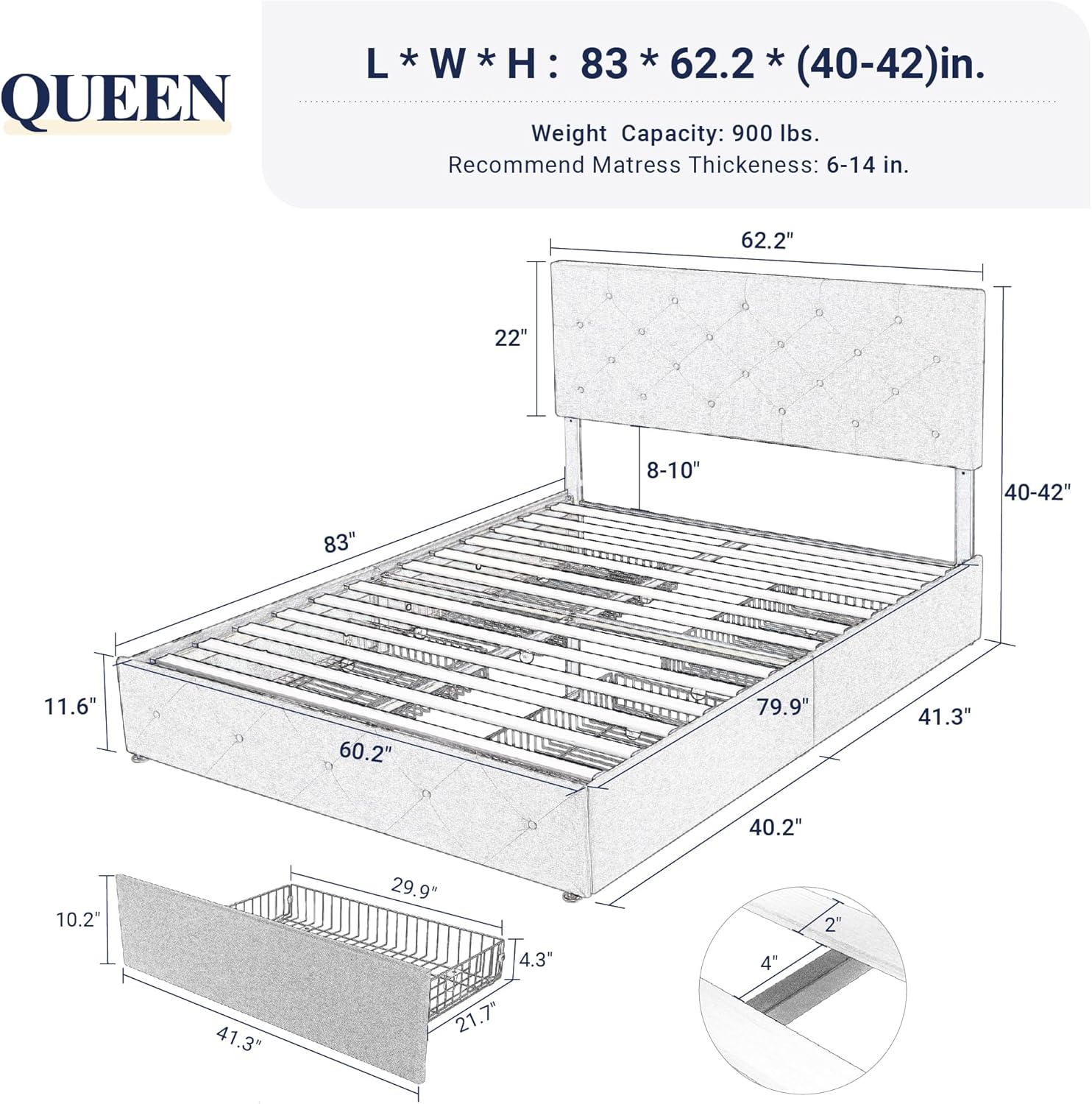 Allewie Upholstered Queen Size Platform Bed Frame with 4 Storage Drawers and Headboard, Diamond Stitched Button Tufted, Mattress Foundation with Wooden Slats Support, No Box Spring Needed, Dark Grey-1