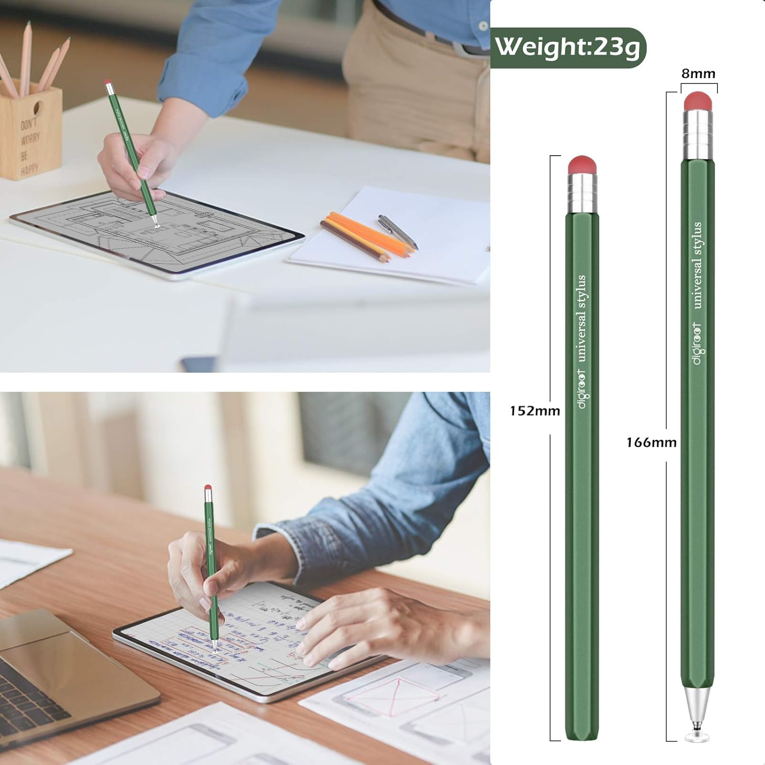 Digiroot Universal Stylus, Disc & Fiber Tip 2-in-1 Rotatable Stylus for Apple/iPhone/Ipad pro/Mini/Air/Android/Microsoft/Surface with 3 Replacement Tips - (Green)-2