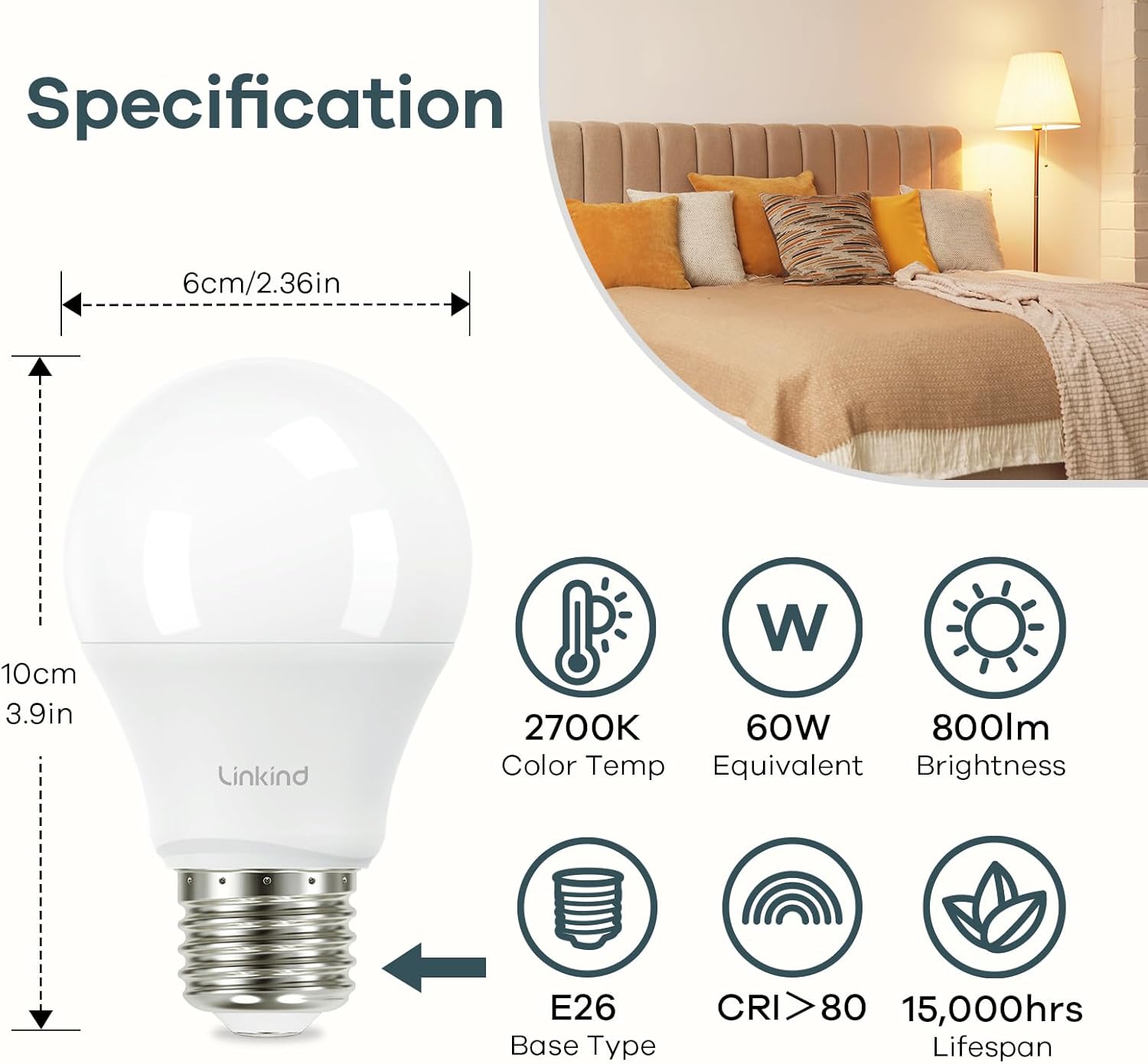 Linkind A19 LED Light Bulb, 60W Equivalent, 9W 2700K Soft White, 800 Lumens Non-Dimmable, E26 Standard Base, Energy Efficient UL Listed for Bedroom Home Office, 6 Pack-1