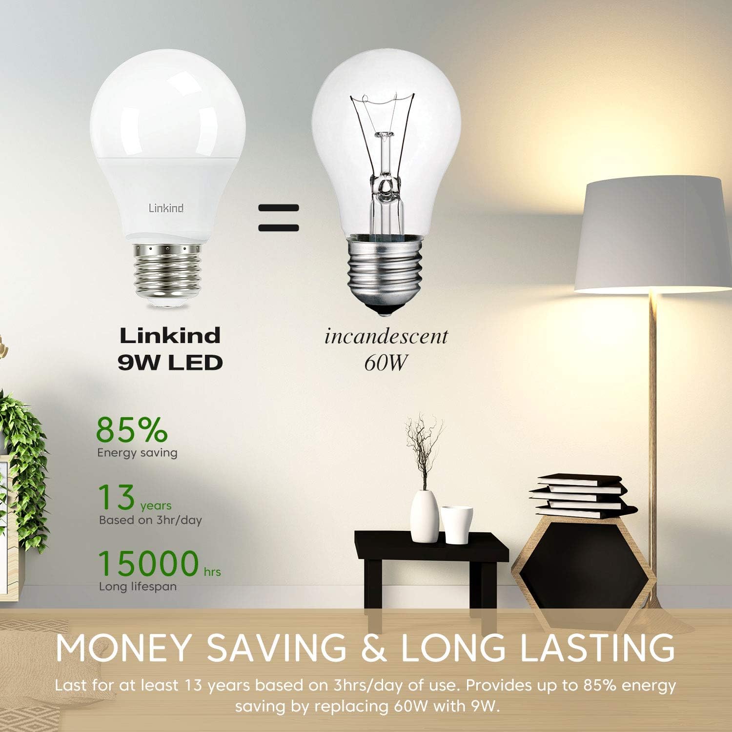 Linkind A19 LED Light Bulb, 60W Equivalent, 9W 2700K Soft White, 800 Lumens Non-Dimmable, E26 Standard Base, Energy Efficient UL Listed for Bedroom Home Office, 6 Pack-7