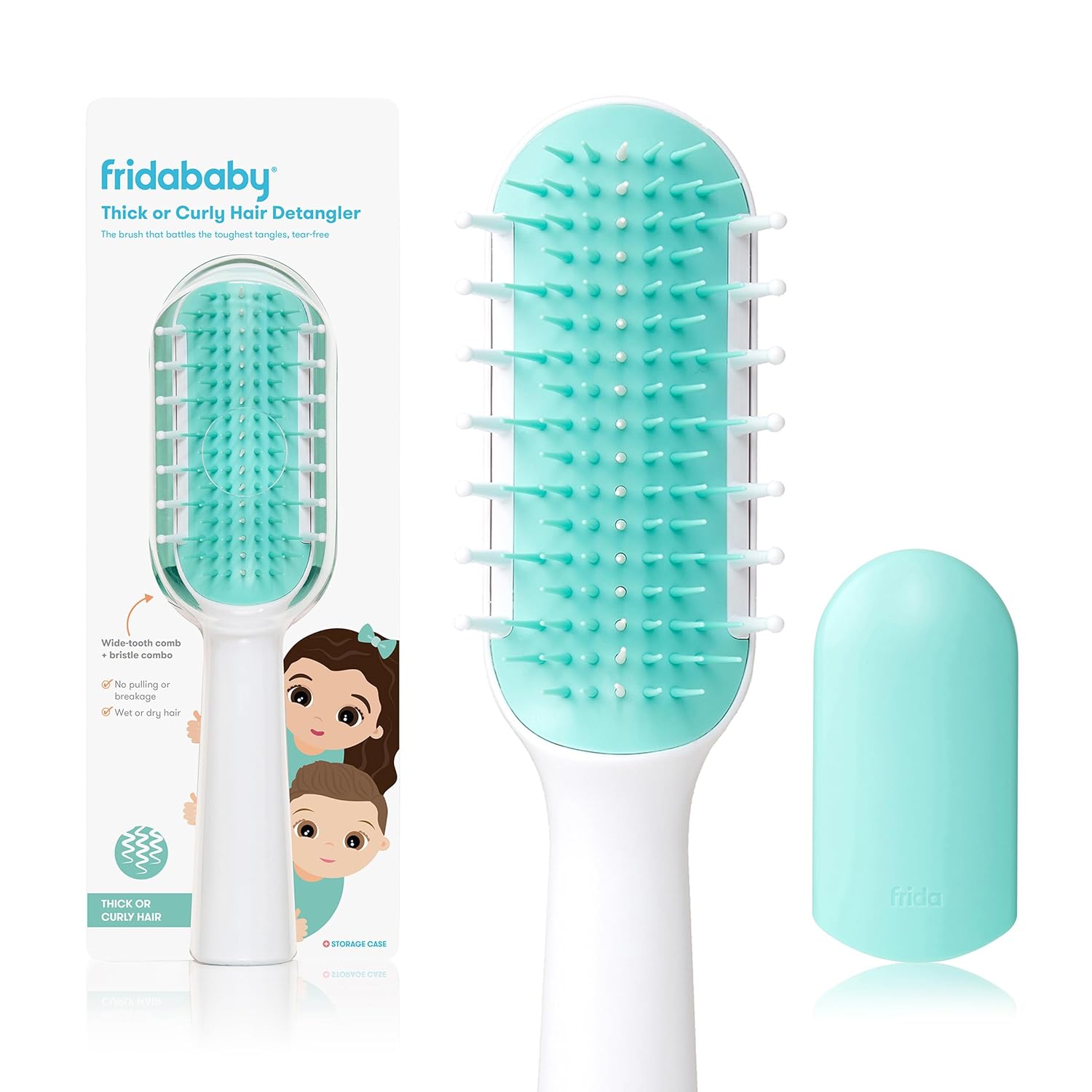 Frida Baby Thick or Curly Hair Detangler Brush for Kids, Toddler Hairbrush Detangles Knots Without Tears or Breakage, Comb Teeth and Bristle Design, White/Blue ,1 Count-0