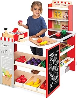 Best Choice Products Pretend Play Grocery Store Wooden Supermarket Toy Set for Kids w/Play Food, Chalkboard, Cash Register, Working Conveyor - Red