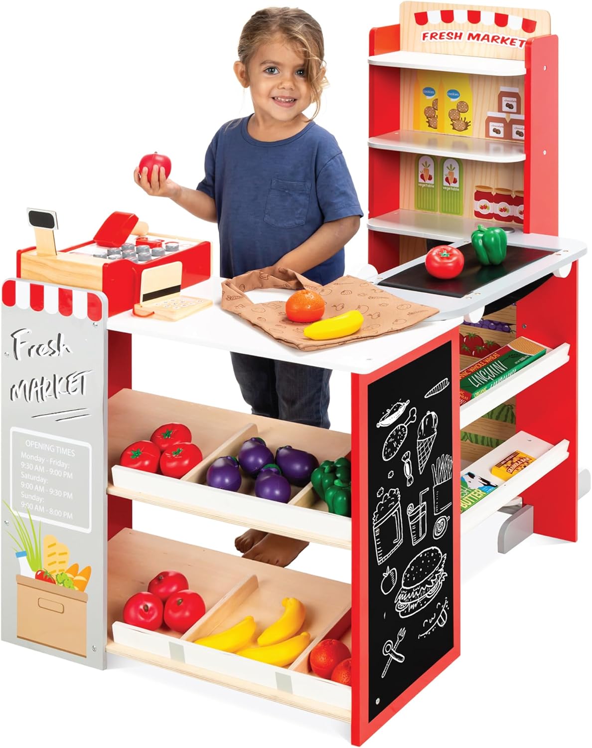 Best Choice Products Pretend Play Grocery Store Wooden Supermarket Toy Set for Kids w/Play Food, Chalkboard, Cash Register, Working Conveyor - Red-0