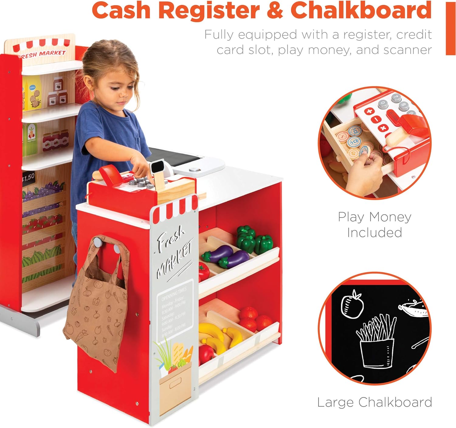 Best Choice Products Pretend Play Grocery Store Wooden Supermarket Toy Set for Kids w/Play Food, Chalkboard, Cash Register, Working Conveyor - Red-3