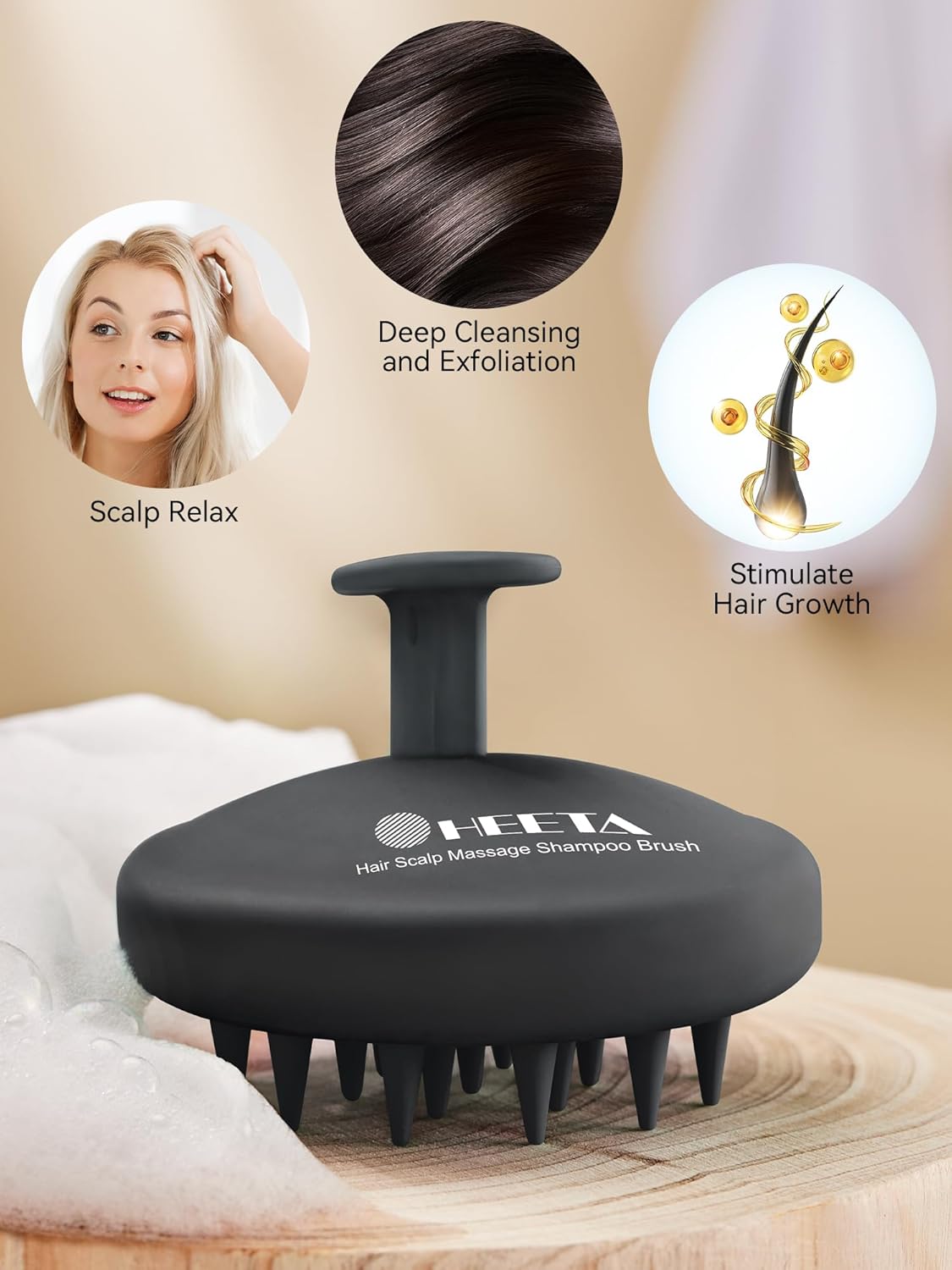 HEETA Scalp Massager Hair Growth, Scalp Scrubber with Soft Bristles, Integrated Silicone Design, Scalp Exfoliator for Dandruff Removal & Relax Scalp, Shampoo Brush Fit Wet Dry Hair Use, Black-4