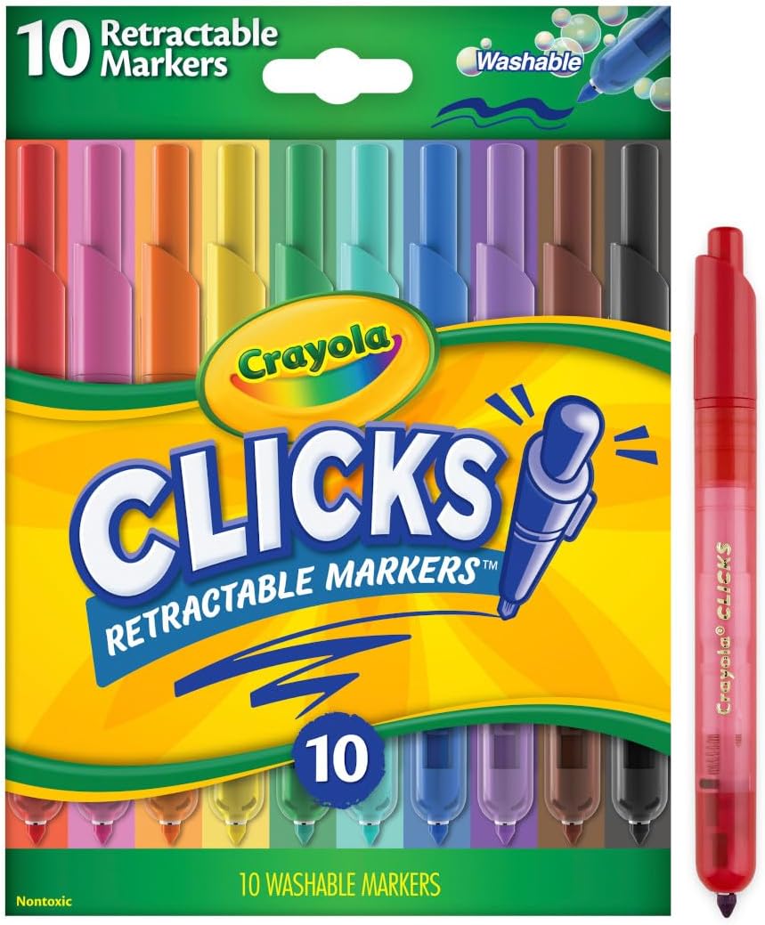 Crayola Clicks Retractable Tip Markers (10ct), Washable Art Marker Set, Coloring Markers for Kids, Back to School Supplies, 3+-1