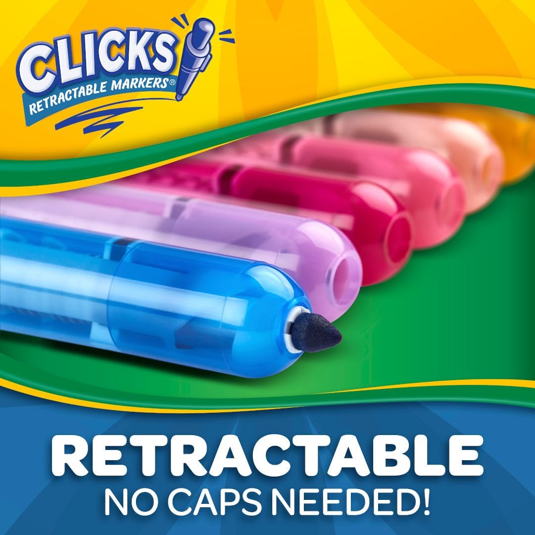 Crayola Clicks Retractable Tip Markers (10ct), Washable Art Marker Set, Coloring Markers for Kids, Back to School Supplies, 3+-3