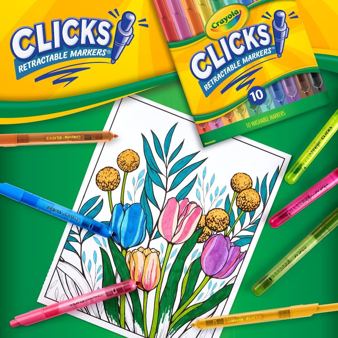 Crayola Clicks Retractable Tip Markers (10ct), Washable Art Marker Set, Coloring Markers for Kids, Back to School Supplies, 3+-5