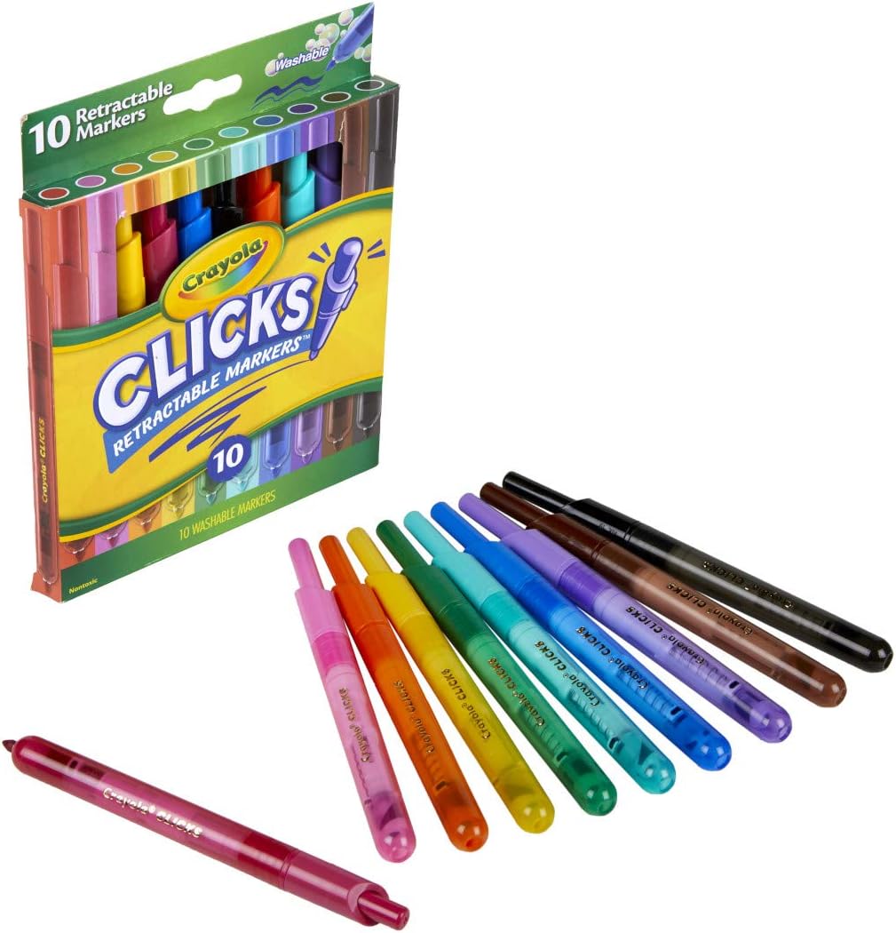 Crayola Clicks Retractable Tip Markers (10ct), Washable Art Marker Set, Coloring Markers for Kids, Back to School Supplies, 3+-6