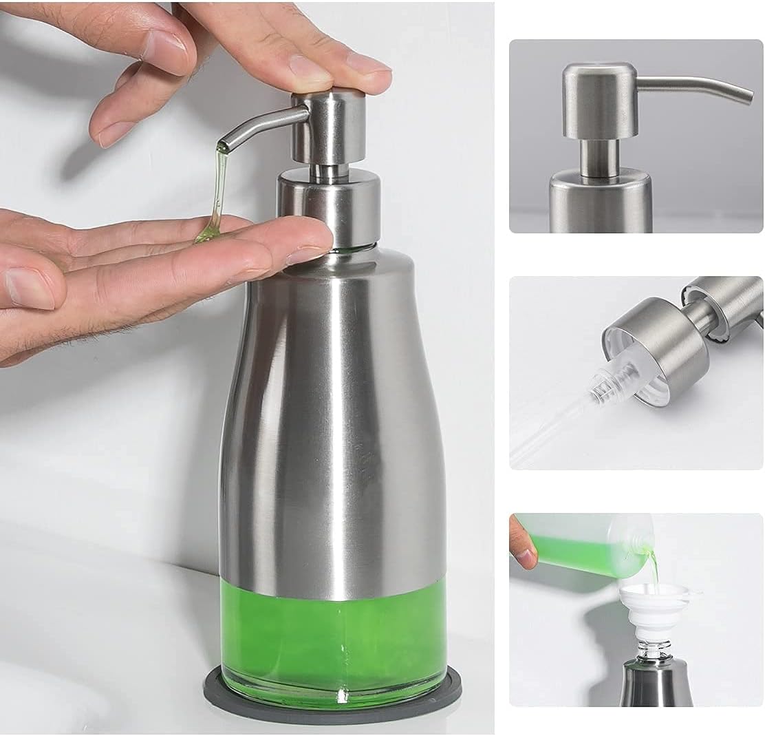 Soap Dispenser with Non-Slip Coaster，Brushed Nickel Stainless Steel Case Glass Liner Hand Pump Dispense for Refillable Liquid for Bathroom & Kitchen (11OZ / 320ML)-3