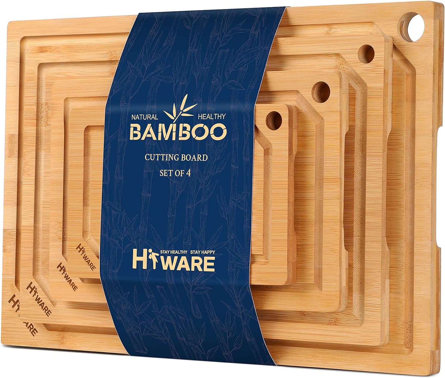 Hiware 4-Piece Extra Large Bamboo Cutting Boards Set for Kitchen, Heavy Duty Cutting Board with Juice Groove, Bamboo Chopping Board Set for Meat, Vegetables - Pre Oiled-0