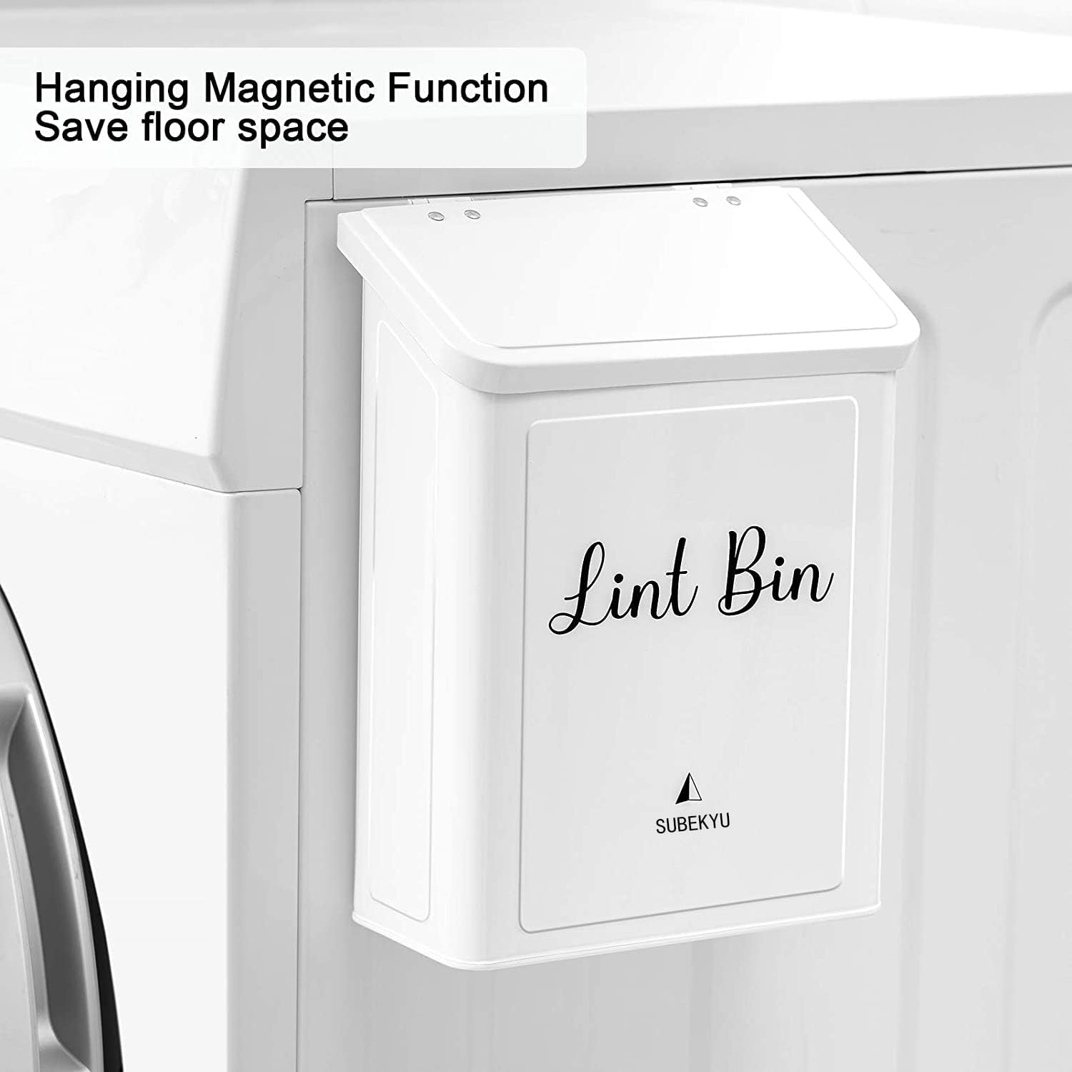 SUBEKYU Metal Magnetic Lint Bin for Laundry Room, Wall Mounted Lint Box Holder Trash Can with Lid for Dryer,Lint Basket for Laundry Room,White-2