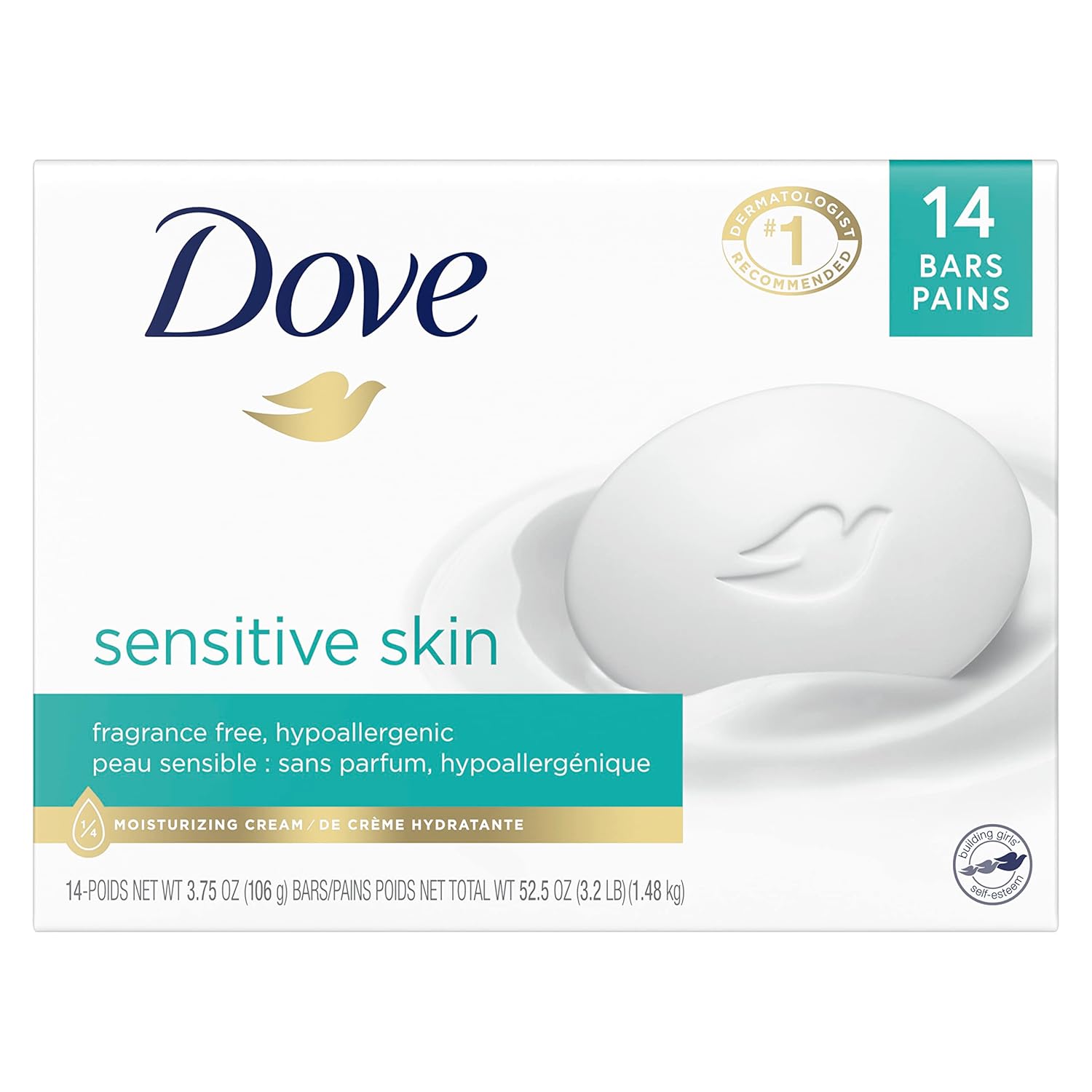 Dove Beauty Bar More Moisturizing Than Bar Soap for Softer Skin, Fragrance-Free, Hypoallergenic Beauty Bar Sensitive Skin With Gentle Cleanser 3.75 oz 14 Bars-0