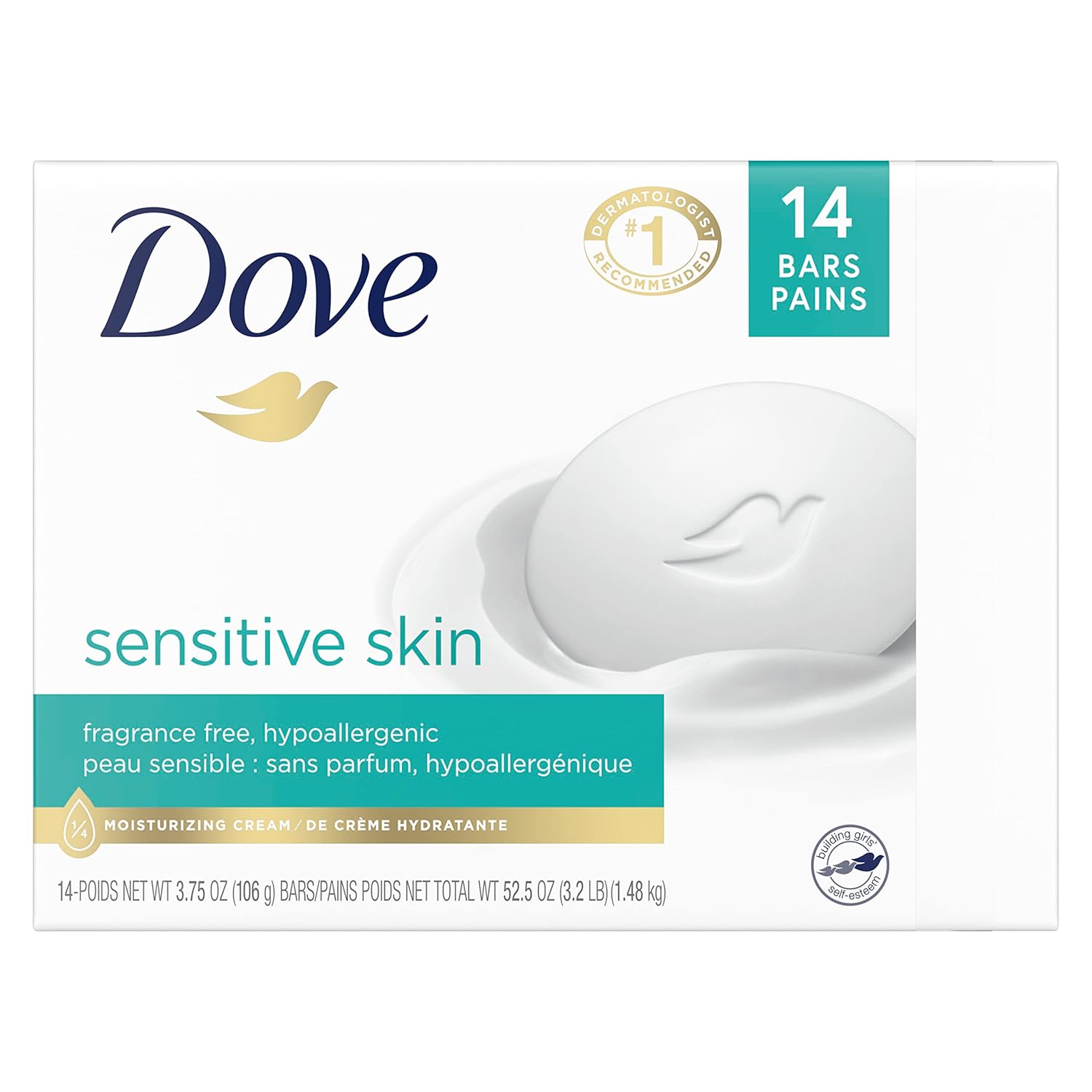 Dove Beauty Bar More Moisturizing Than Bar Soap for Softer Skin, Fragrance-Free, Hypoallergenic Beauty Bar Sensitive Skin With Gentle Cleanser 3.75 oz 14 Bars-1