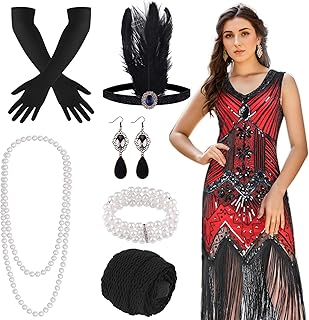 FEPITO 1920s Flapper Dresses for Women, Fringed Sequin Great Gatsby Dress for Women with 20s Accessories, Roaring 20s Costume