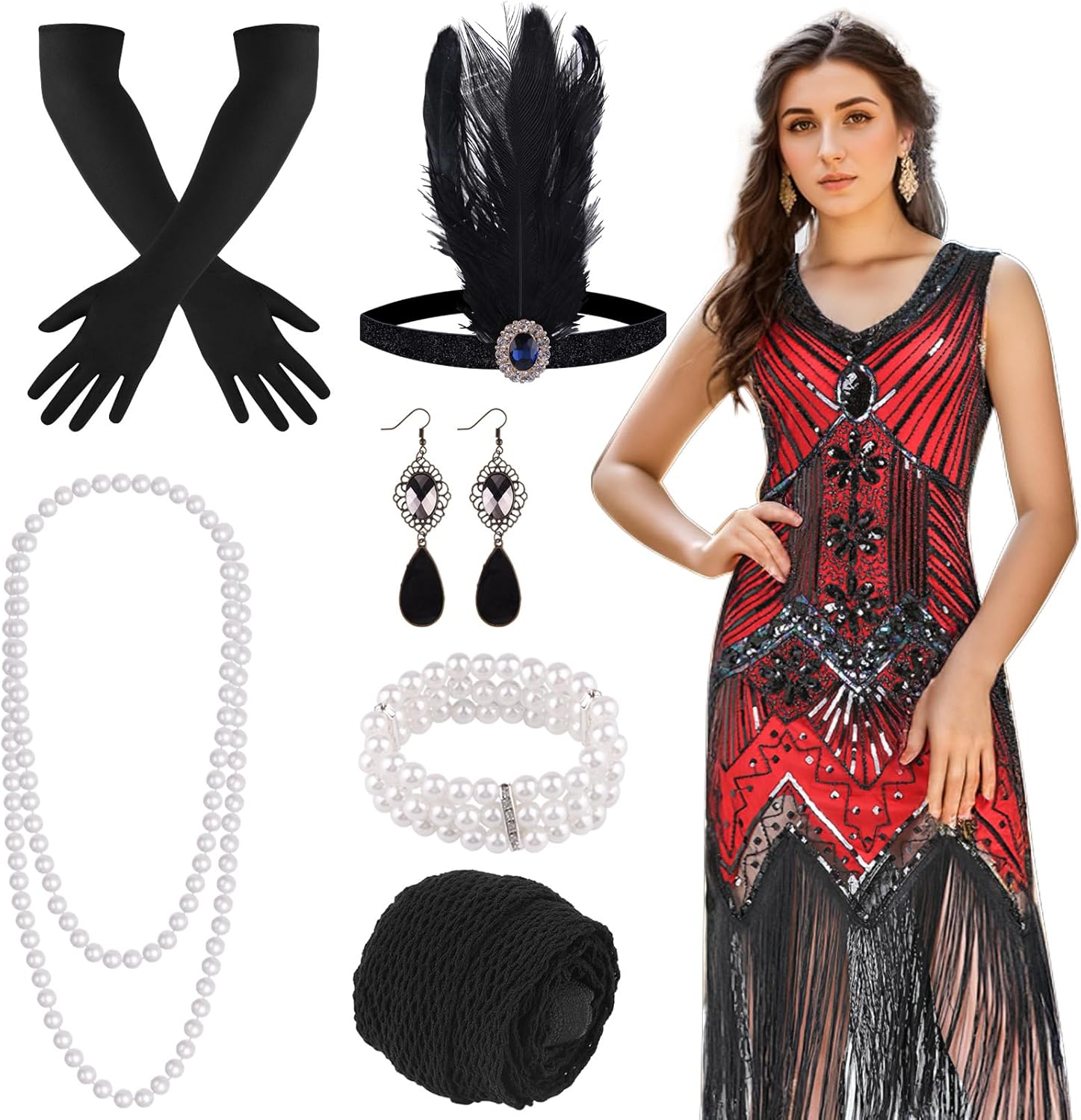 FEPITO 1920s Flapper Dresses for Women, Fringed Sequin Great Gatsby Dress for Women with 20s Accessories, Roaring 20s Costume-0