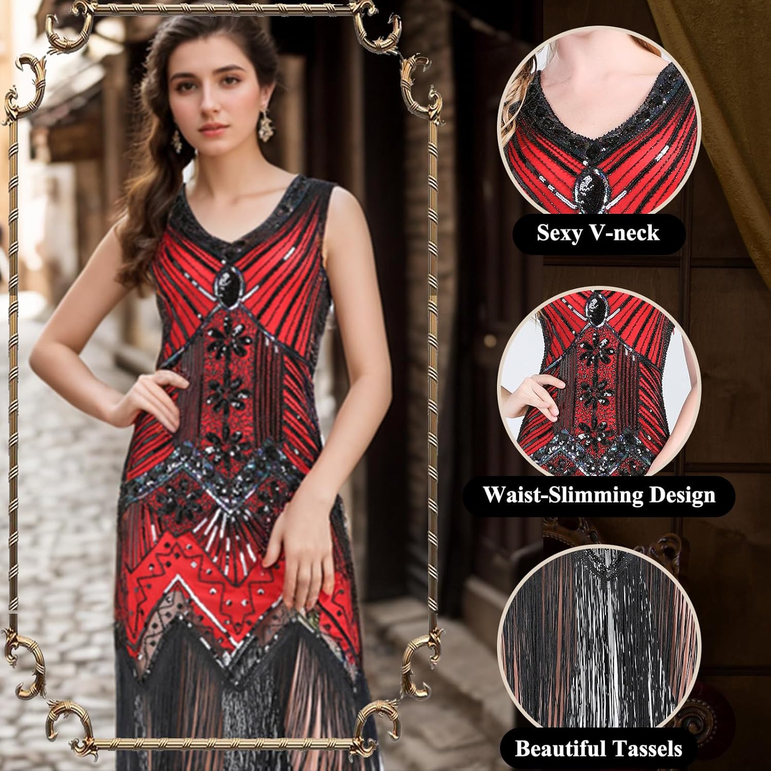 FEPITO 1920s Flapper Dresses for Women, Fringed Sequin Great Gatsby Dress for Women with 20s Accessories, Roaring 20s Costume-3