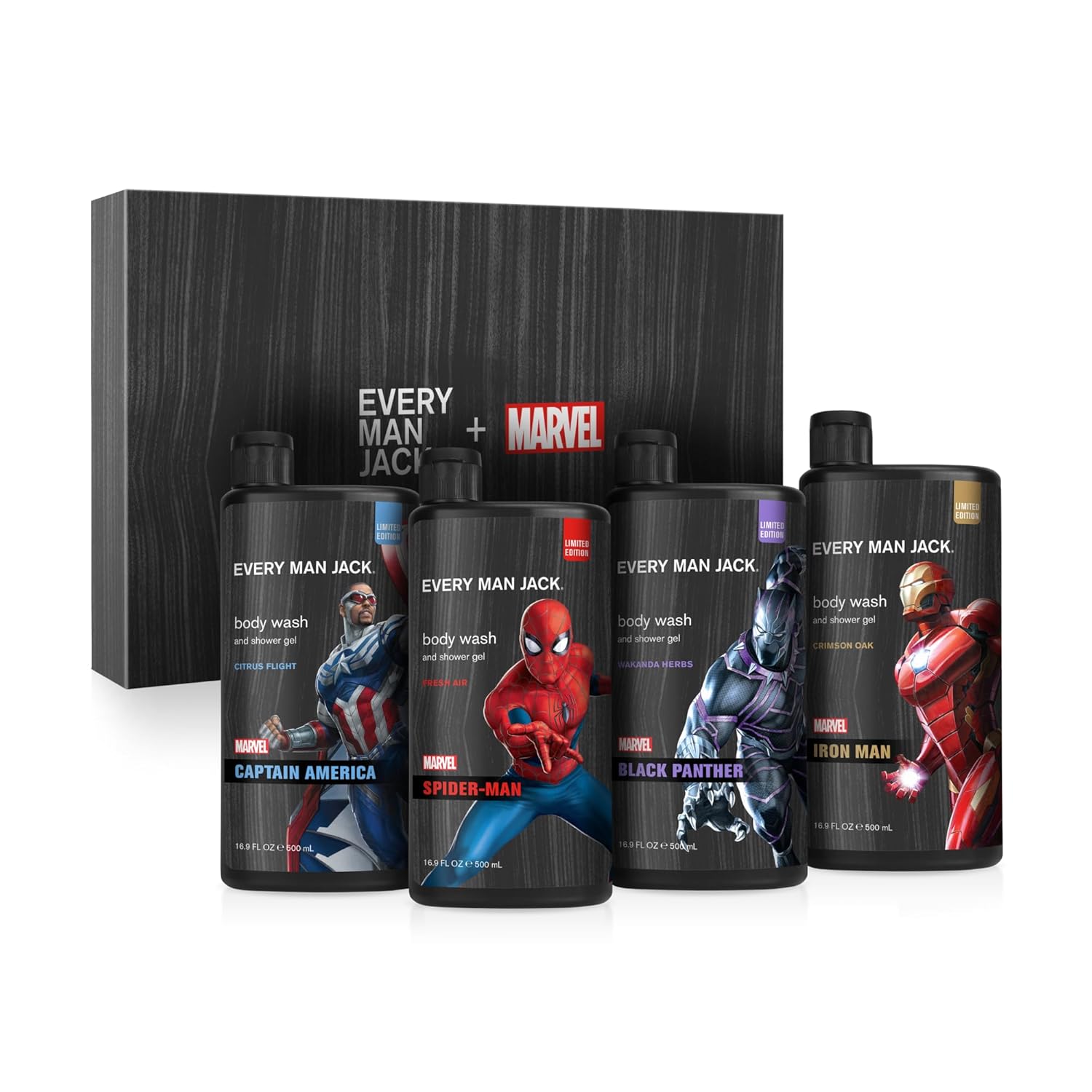 Every Man Jack Marvel Collectors Box Body Wash Gift Set - Includes Four Body Washes with Clean Ingredients & Incredible Scents - Fresh Air, Winter Mint, Crimson Oak, and Wakanda Herbs-0