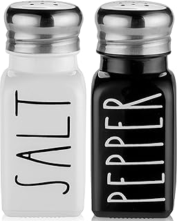 Salt and Pepper Shakers Set by Brighter Barns - Cute Modern Farmhouse Kitchen Decor for Home Restaurants Wedding - Gorgeous Vintage Glass Black White Shaker Sets with Stainless Steel Lids