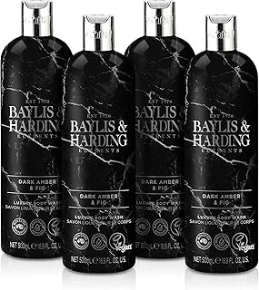 Baylis & Harding Liquid Body Wash Soap, Elements, Dark Amber & Fig, 16.9oz/500ml (4-Pack)