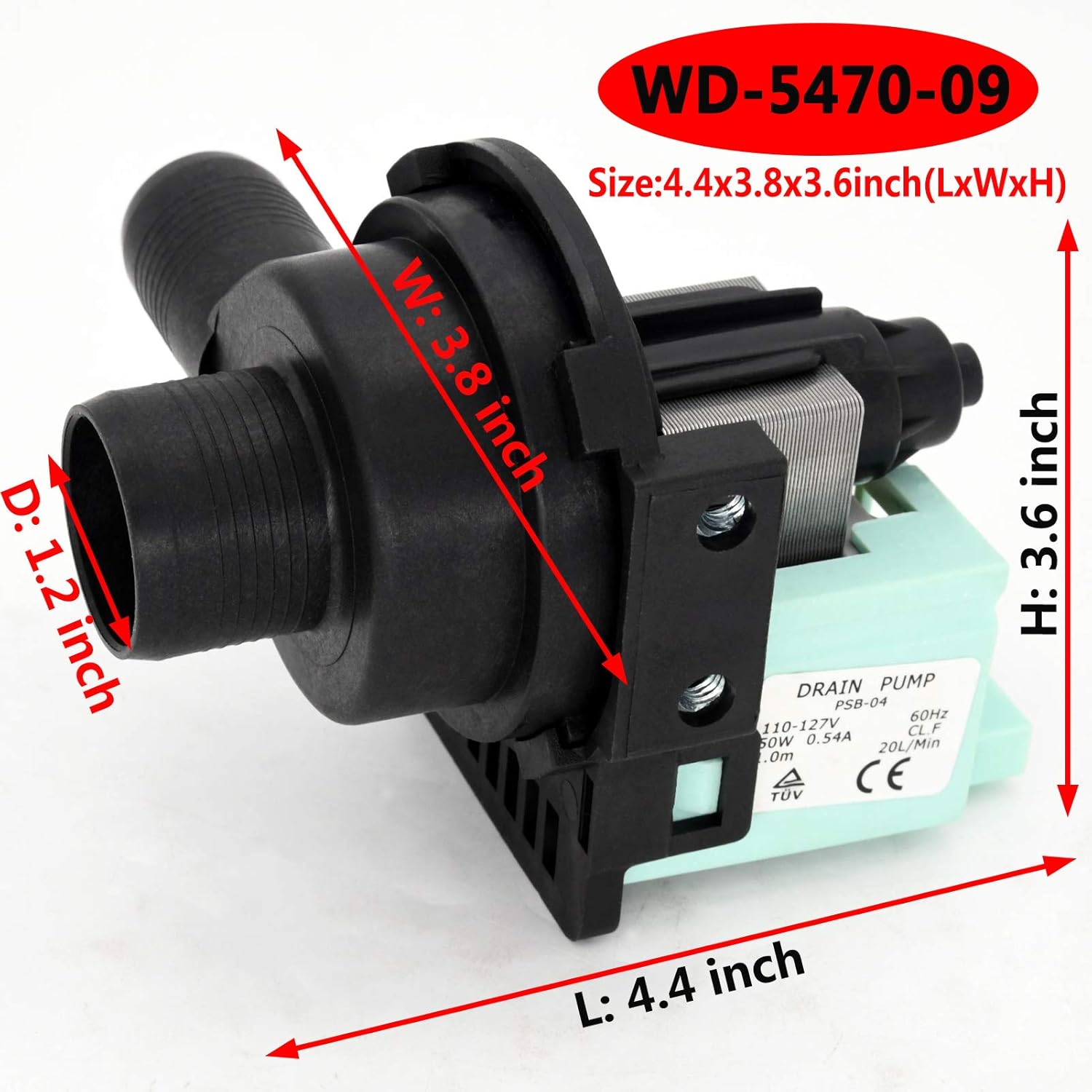 WD-5470-09 Washing Machine Drain Pump, LIYYOO Replacement Washers Drain Pump, Compatible with Haier Machine PCX-30L V12624 PPSB-04 GWT450AW HLP22P RWT150AW AP3437784 1227046 PS4128791-2