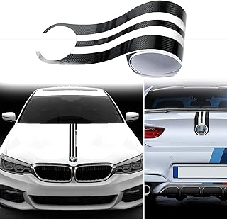 Carbon Fiber Car Hood + Trunk Lid Stripes Sticker Sport Racing Style Engine Cover Bonnet M Performance Vinyl Decal for BMW X M 3 4 5 6 E60 90 etc(Carbon Fiber + Reflective Silver/White)