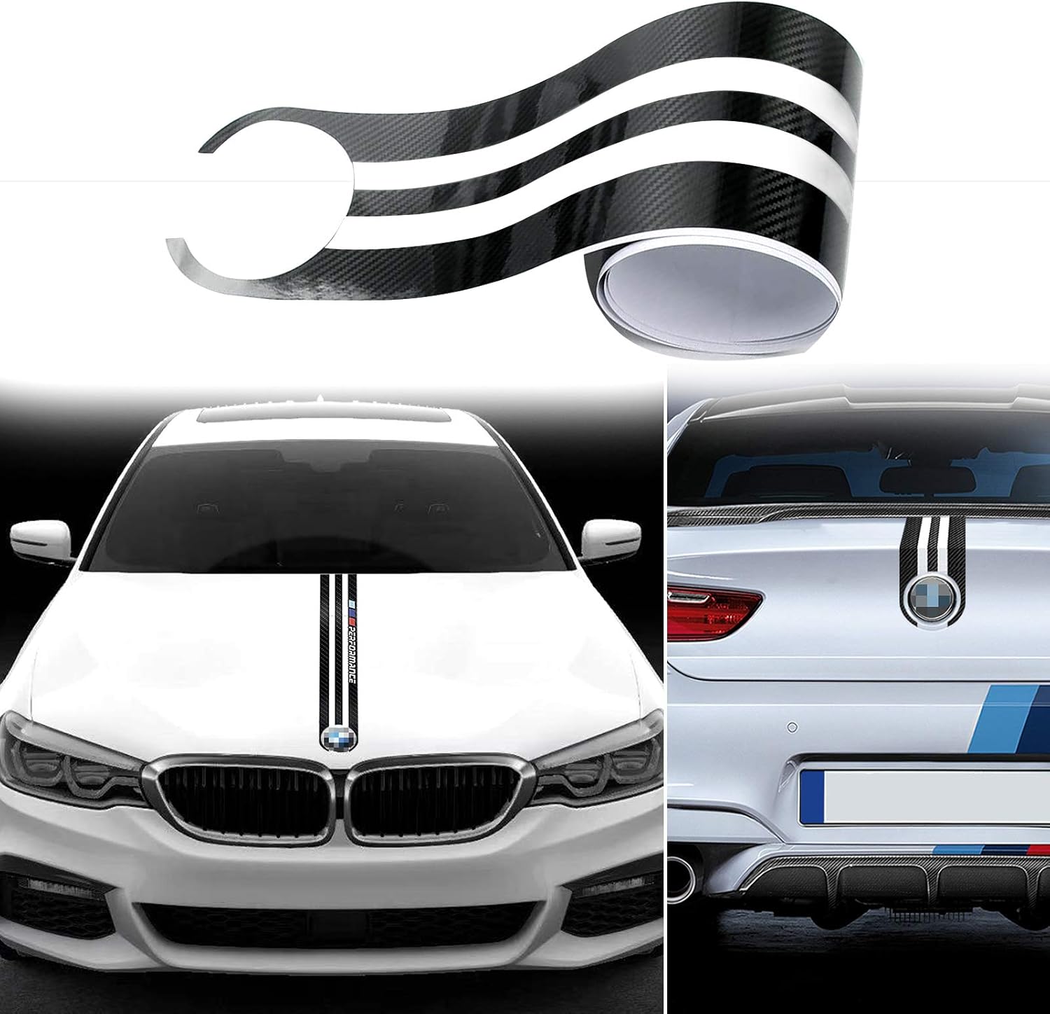 Carbon Fiber Car Hood + Trunk Lid Stripes Sticker Sport Racing Style Engine Cover Bonnet M Performance Vinyl Decal for BMW X M 3 4 5 6 E60 90 etc(Carbon Fiber + Reflective Silver/White)-0