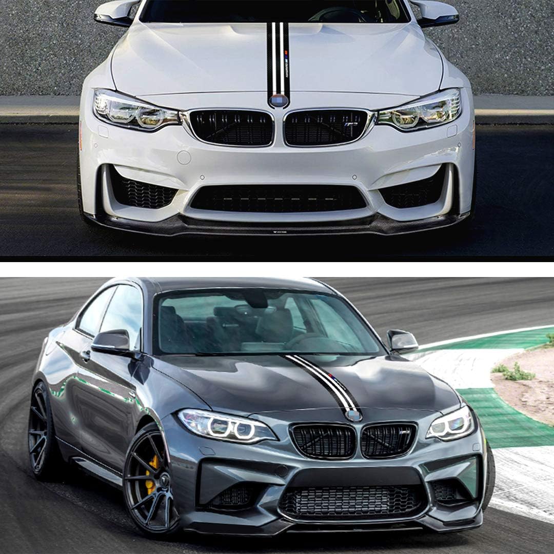 Carbon Fiber Car Hood + Trunk Lid Stripes Sticker Sport Racing Style Engine Cover Bonnet M Performance Vinyl Decal for BMW X M 3 4 5 6 E60 90 etc(Carbon Fiber + Reflective Silver/White)-3