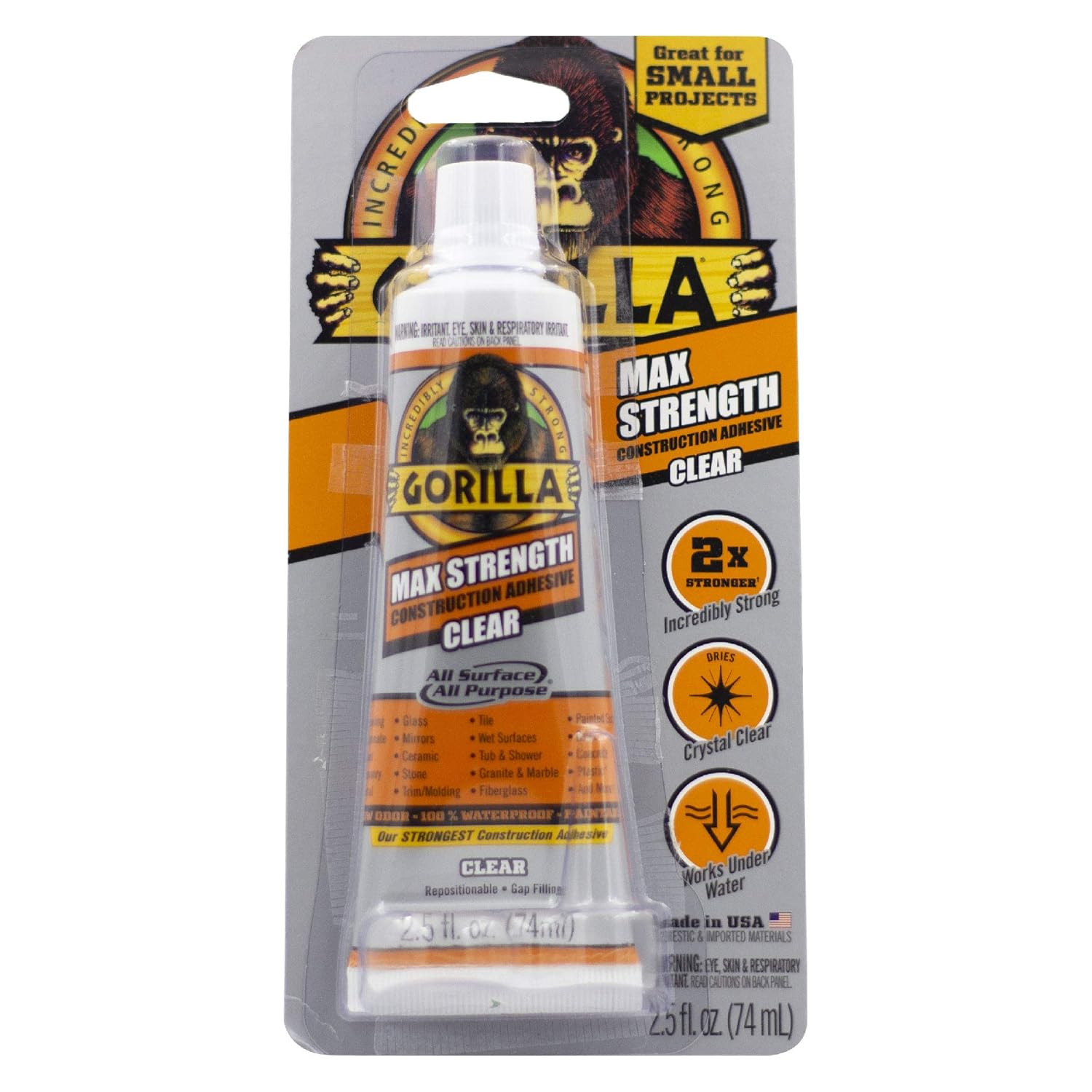 Gorilla Max Strength Clear Construction Adhesive, 2.5 Ounce Squeeze Tube, Clear, (Pack of 1)-0