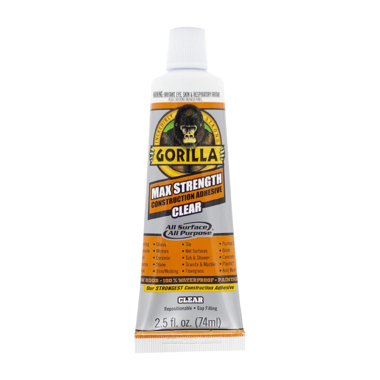 Gorilla Max Strength Clear Construction Adhesive, 2.5 Ounce Squeeze Tube, Clear, (Pack of 1)-1