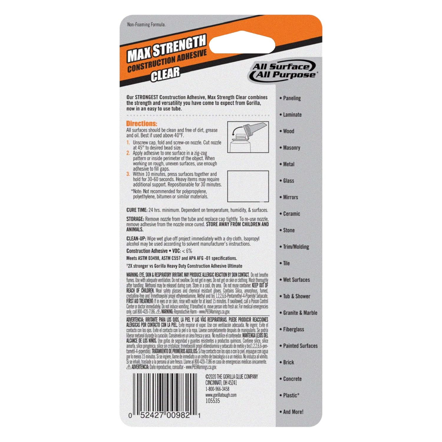 Gorilla Max Strength Clear Construction Adhesive, 2.5 Ounce Squeeze Tube, Clear, (Pack of 1)-2