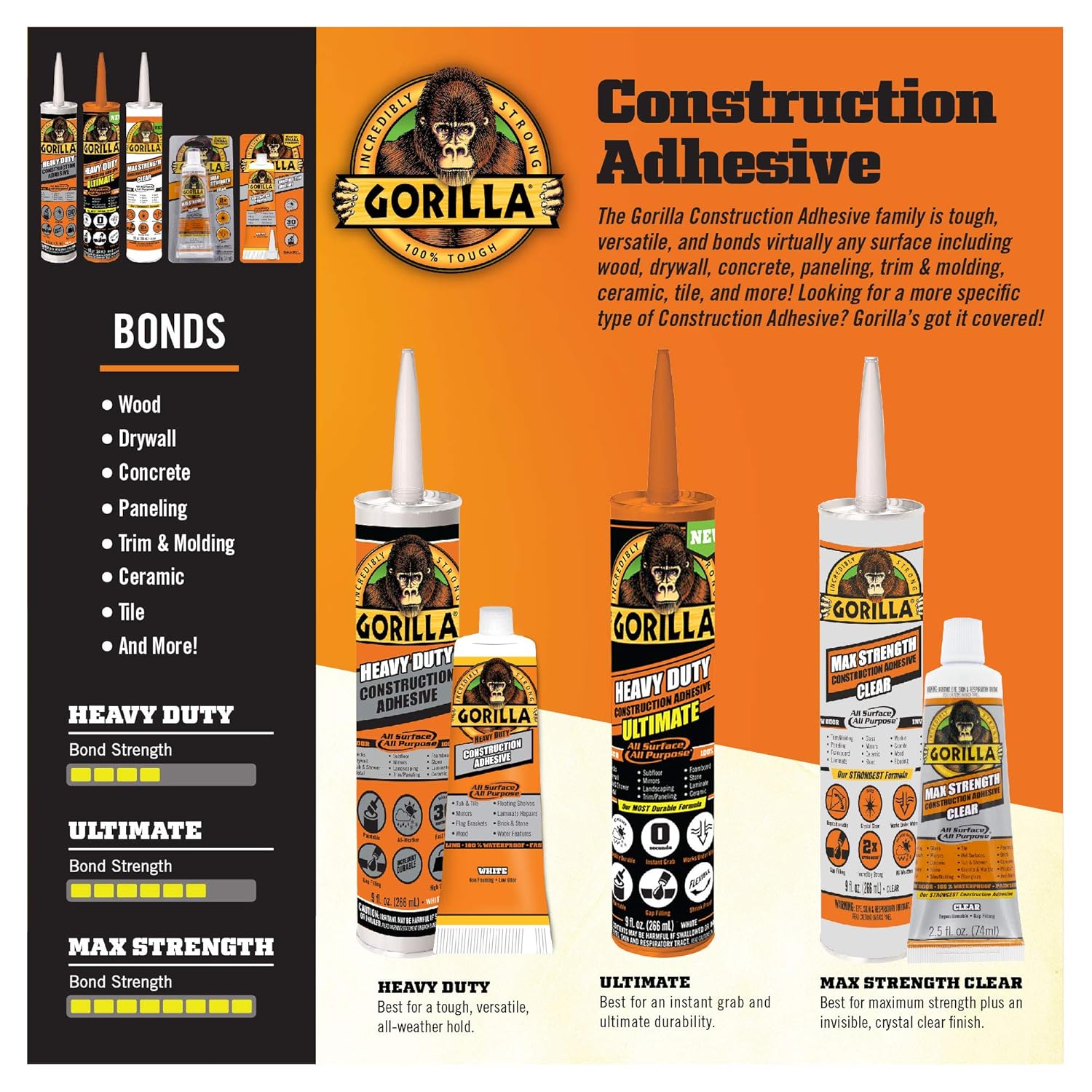 Gorilla Max Strength Clear Construction Adhesive, 2.5 Ounce Squeeze Tube, Clear, (Pack of 1)-3