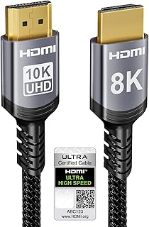 Sniokco 10K 8K HDMI 2.1 Cable 6.6FT, Certified 48Gbps Ultra High Speed HDMI® Cable 4K 240Hz 165Hz 120Hz 8K 60Hz eARC HDCP2.3 HDR10+ Compatible with PC TV Monitor Projector Ro-ku Sky-Q PS5 X-Box