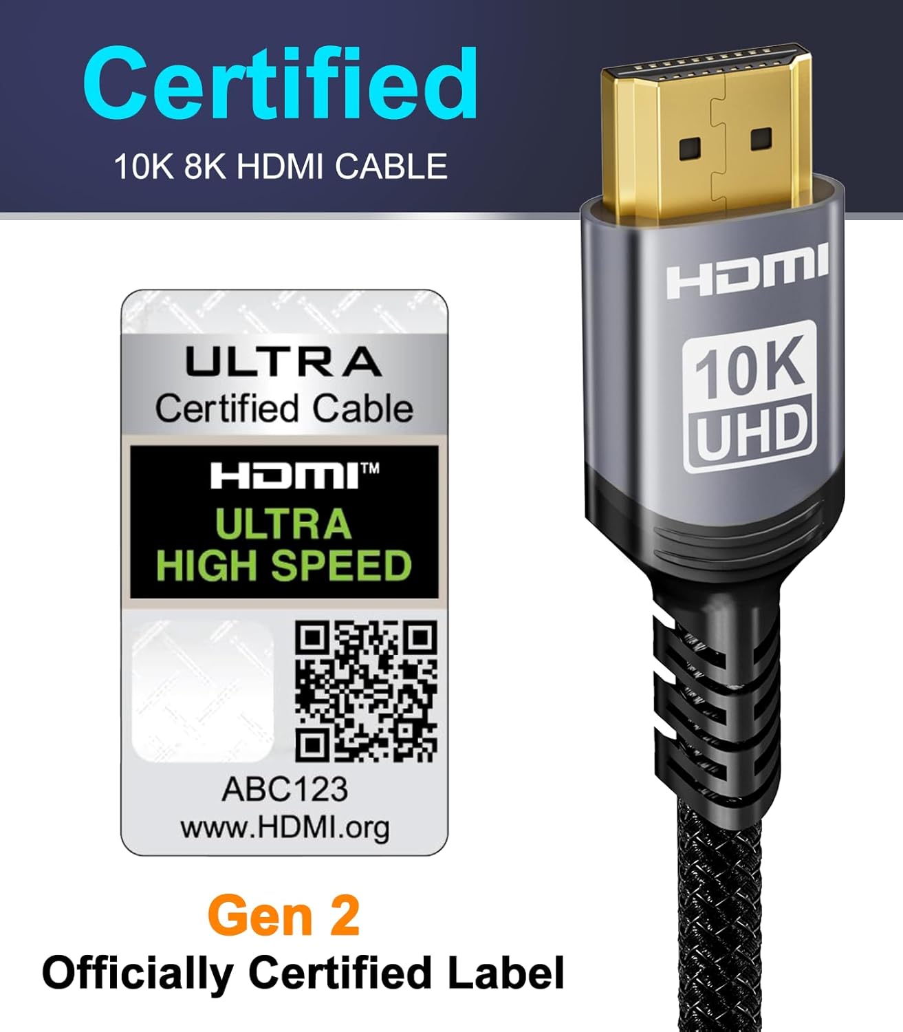 Sniokco 10K 8K HDMI 2.1 Cable 6.6FT, Certified 48Gbps Ultra High Speed HDMI® Cable 4K 240Hz 165Hz 120Hz 8K 60Hz eARC HDCP2.3 HDR10+ Compatible with PC TV Monitor Projector Ro-ku Sky-Q PS5 X-Box-1