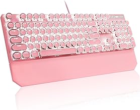 MageGee Typewriter Mechanical Gaming Keyboard, Retro Pink Punk Round Keycaps LED White Backlit Wired Keyboards with Detachable Wrist Rest for Game and Office, for Windows Laptop PC Mac - Blue Switches