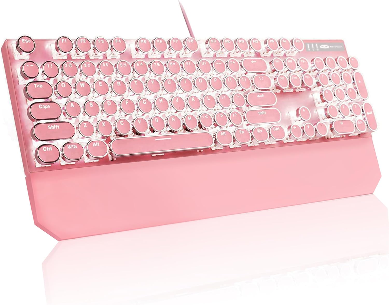 MageGee Typewriter Mechanical Gaming Keyboard, Retro Pink Punk Round Keycaps LED White Backlit Wired Keyboards with Detachable Wrist Rest for Game and Office, for Windows Laptop PC Mac - Blue Switches-0