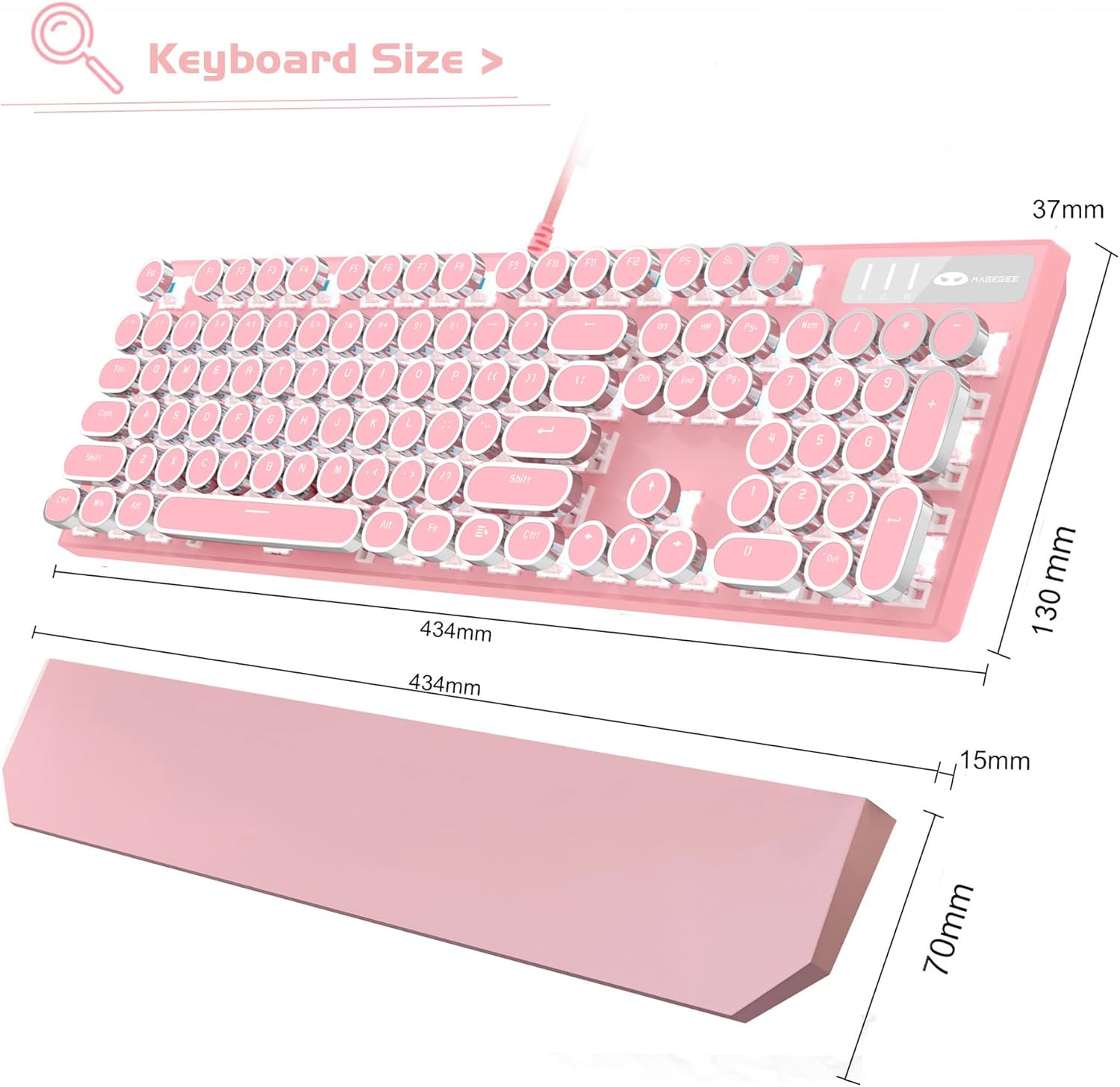 MageGee Typewriter Mechanical Gaming Keyboard, Retro Pink Punk Round Keycaps LED White Backlit Wired Keyboards with Detachable Wrist Rest for Game and Office, for Windows Laptop PC Mac - Blue Switches-4