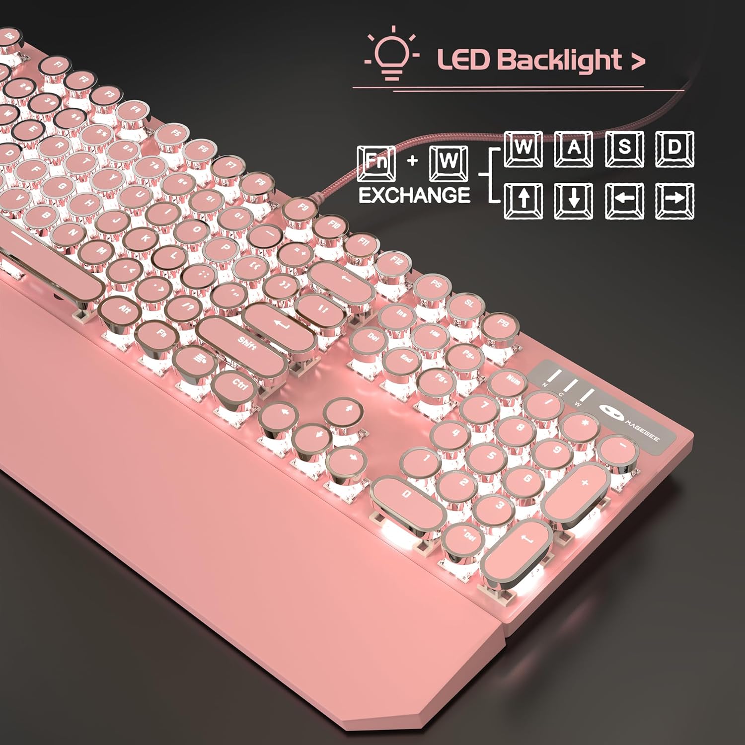 MageGee Typewriter Mechanical Gaming Keyboard, Retro Pink Punk Round Keycaps LED White Backlit Wired Keyboards with Detachable Wrist Rest for Game and Office, for Windows Laptop PC Mac - Blue Switches-5