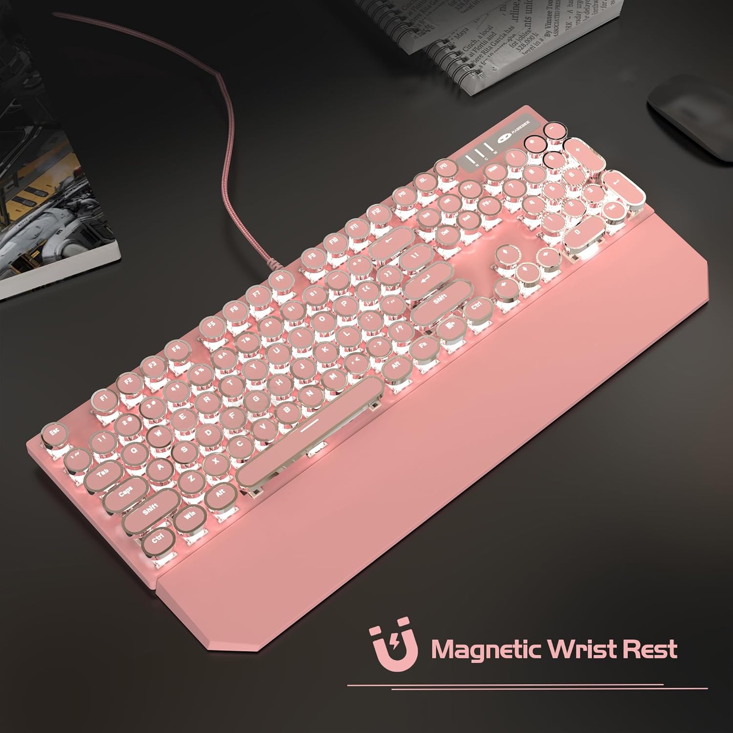 MageGee Typewriter Mechanical Gaming Keyboard, Retro Pink Punk Round Keycaps LED White Backlit Wired Keyboards with Detachable Wrist Rest for Game and Office, for Windows Laptop PC Mac - Blue Switches-7