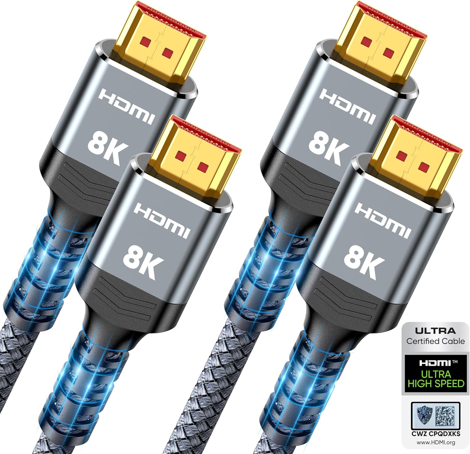 10K 8K HDMI 2.1 Cable 2-Pack 6.6FT, Highwings Certified 48Gbps Ultra High Speed Slim HDMI Cord,Support 4K@120Hz 8K@60Hz, HDCP 2.2&2.3, Dynamic HDR,eARC,DTS:X, Compatible with Roku TV/HDTV/PS5/Blu-ray-0