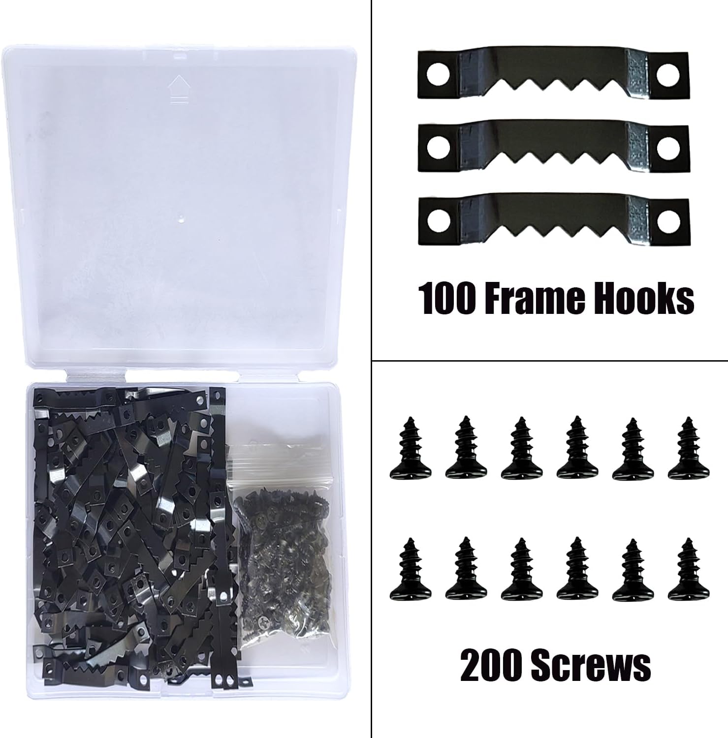 100 Pack Small Swatooth Picture Hangers Black Metal Photo Frame Hanging Kit with Screws for Hanging Wooden Frames Paintings Clock Artwork-3