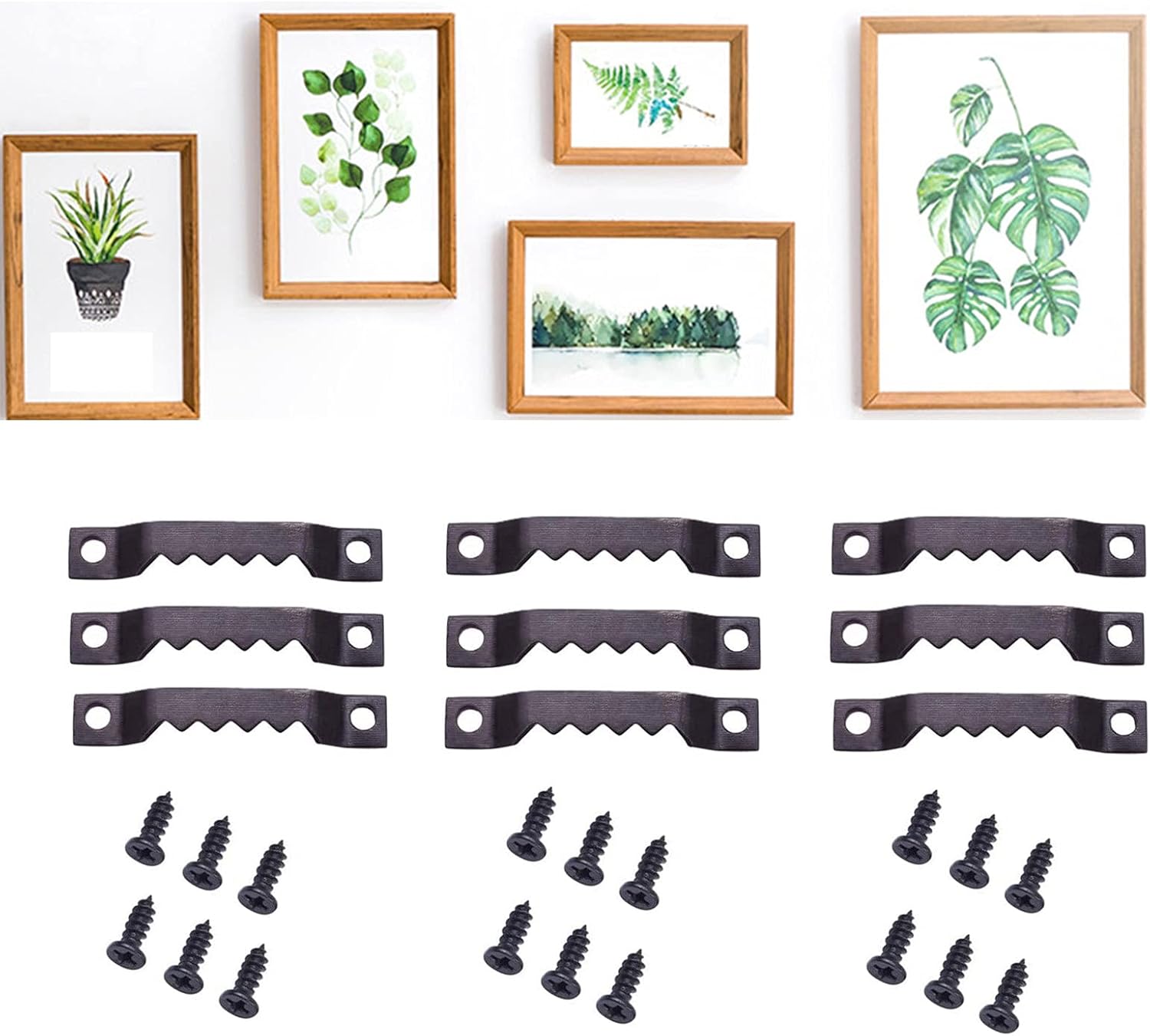 100 Pack Small Swatooth Picture Hangers Black Metal Photo Frame Hanging Kit with Screws for Hanging Wooden Frames Paintings Clock Artwork-5